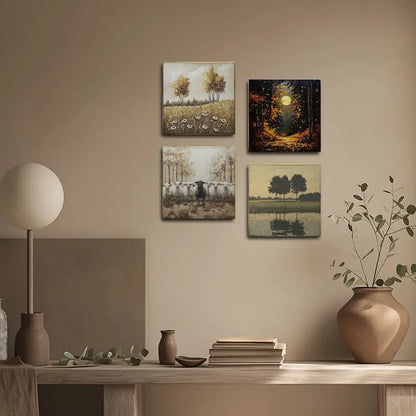 4pcs Farm House With Sheeps And Golden Meadow Wall Art Canvas Framed