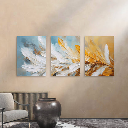 3pcs Modern Abstract Teal Yellow Feather  Wall Art Set Canvas Framed 60x90cm - High Quality Print 100% Australian Made Wall Canvas Ready to Hang