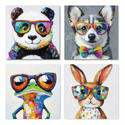 4pcs Colorful Cute Animals With Glasses Pandas Wall Art Canvas Framed - Bella Home Decor