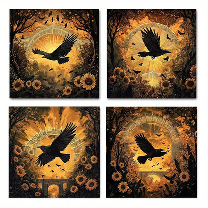 4pcs Wise Bird Flying Among Sunflowers Wall Art Canvas Framed