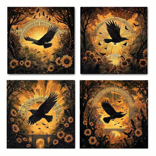 4pcs Wise Bird Flying Among Sunflowers Wall Art Canvas Framed