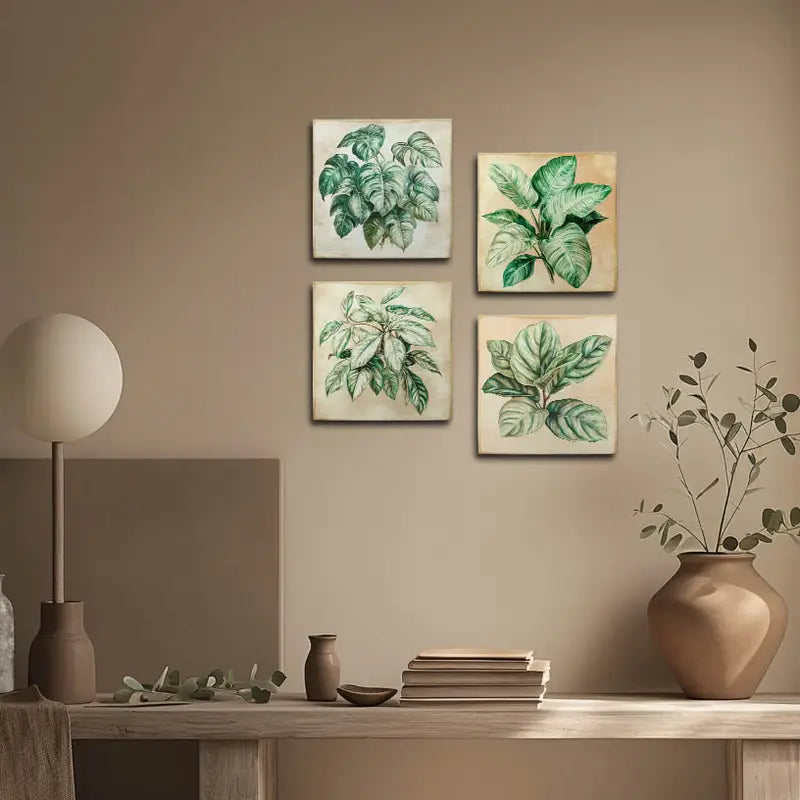 4pcs Green Leaves Decor Wall Art Canvas Framed - Bella Home Decor