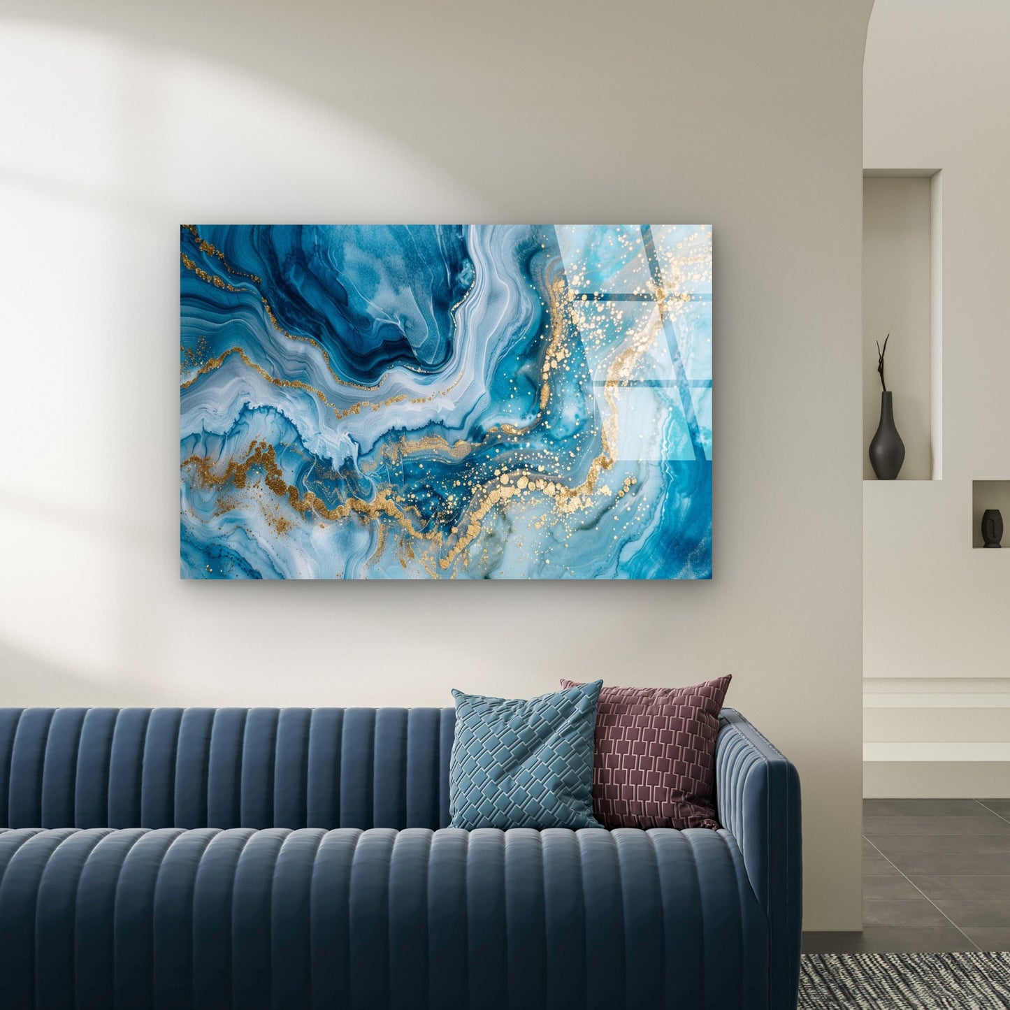 Blue Gold Abstract Fluid Ink Painting Acrylic Glass Printing Wall Art Australian Made Quality