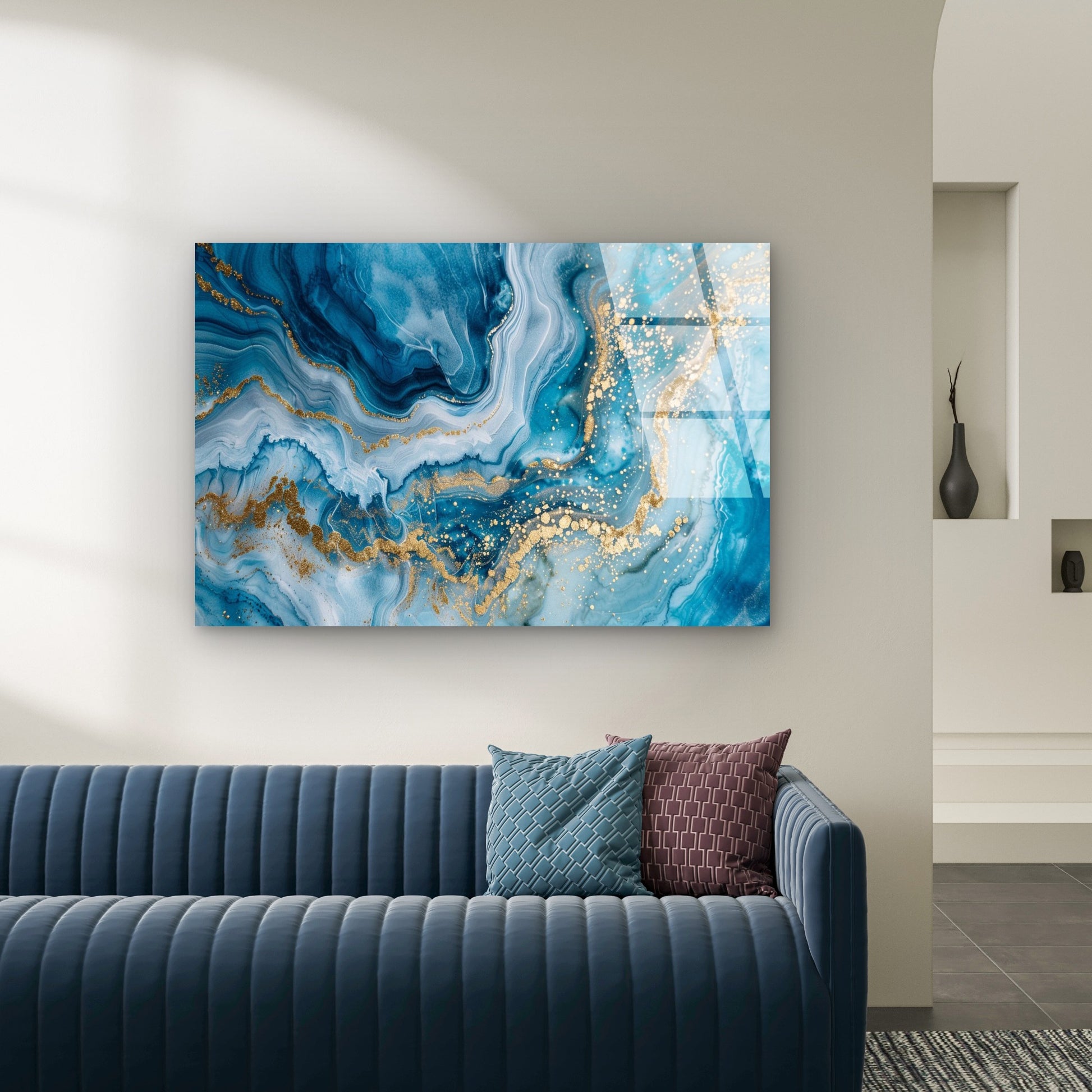 Blue Gold Abstract Fluid Ink Painting Acrylic Glass Printing Wall Art Australian Made Quality