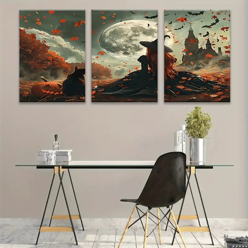 3pcs Halloween Witch & Cat Scene With Full Moon Metal Print Ready to Hang Art