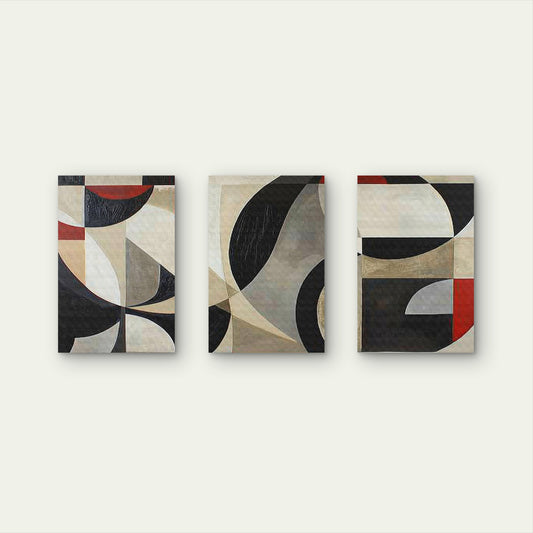 3pcs Black Red Beige Geometric Abstract Wall Art Set Canvas Framed 50x70cm - High Quality Print 100% Australian Made Wall Canvas Ready to Hang