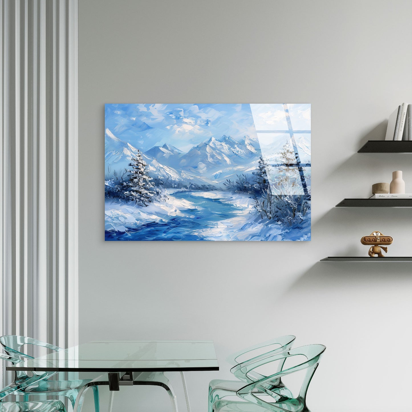 Blue Winter Snowy Mountain River Glass Printing Wall Art Australian Made Quality