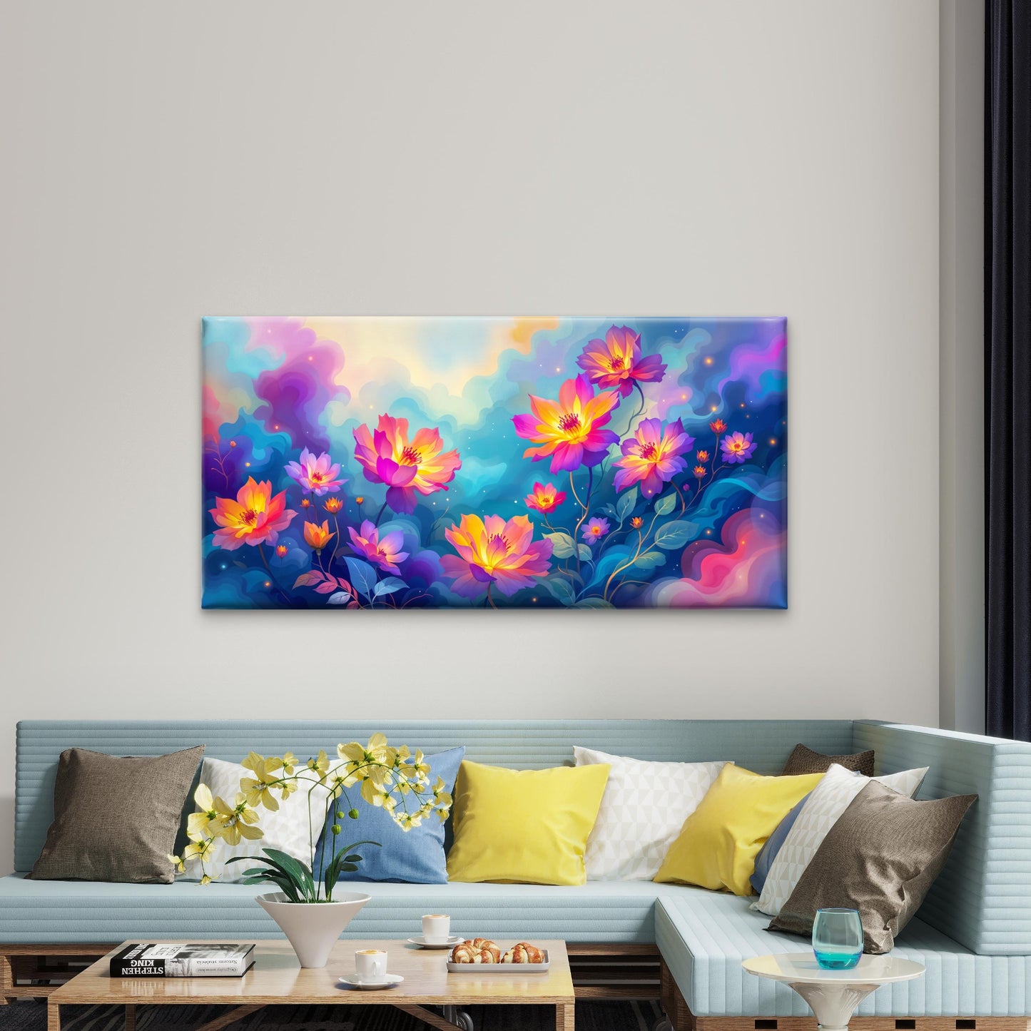 Glowing Cosmos Flowers Abstract Wall Art Canvas Office Home Room Framed 120x60cm