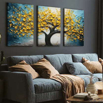3pcs Modern Abstract Trees Golden Flower Wall Art Set Canvas Unframed - High Quality Print 100% Australian Made Wall Canvas