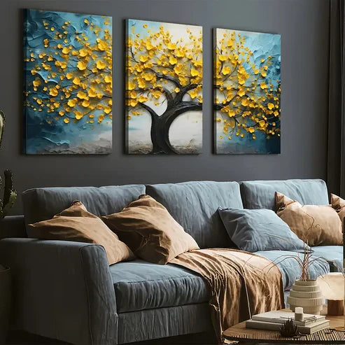 3pcs Ready to Hanging, Art Style Modern Abstract Trees Golden Flower Wall Art Set Canvas Unframed - High Quality Print 100% Australian Made Wall Canvas