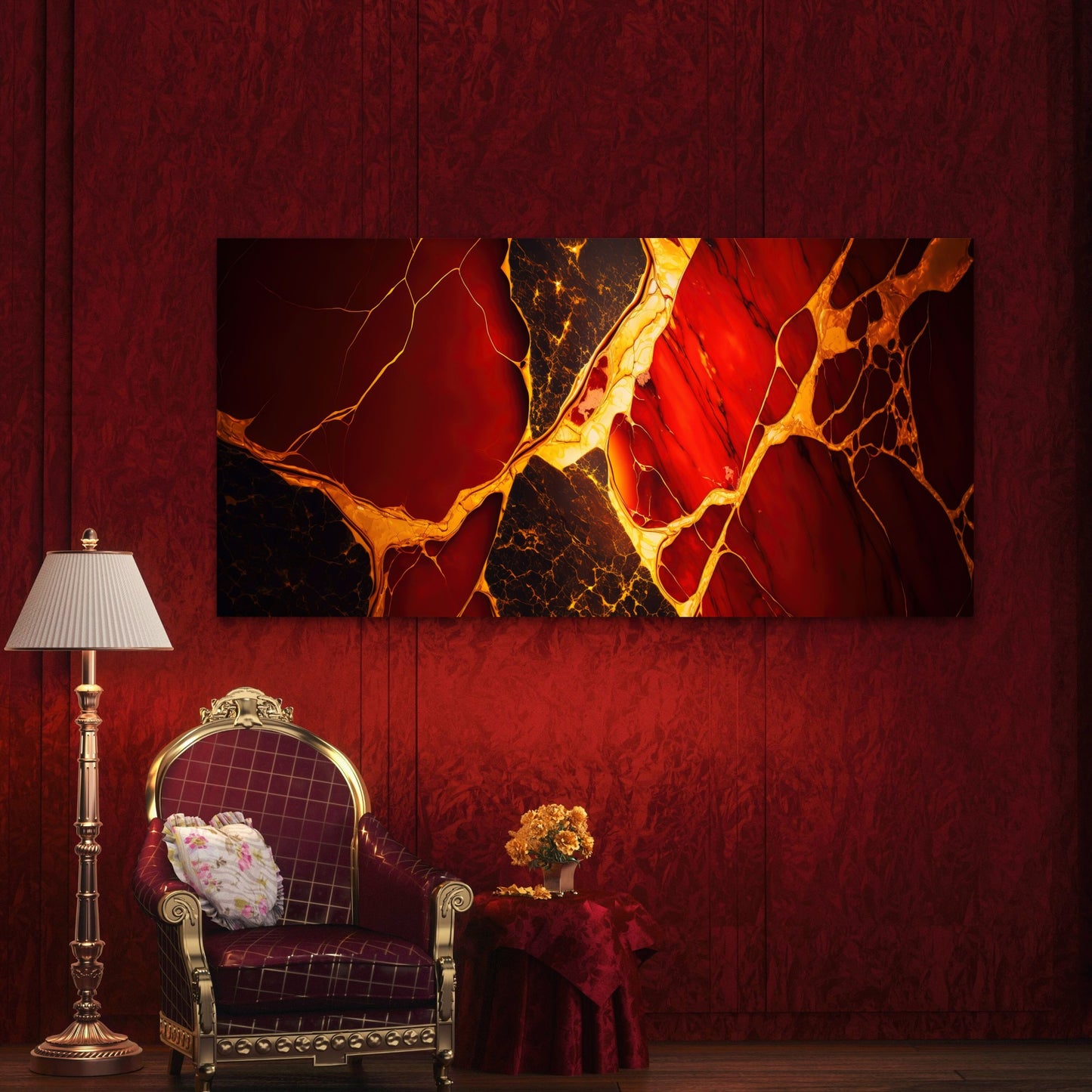 Vibrant Red Gold Marble Design Wall Art Canvas Office Home Room Framed 120x60cm
