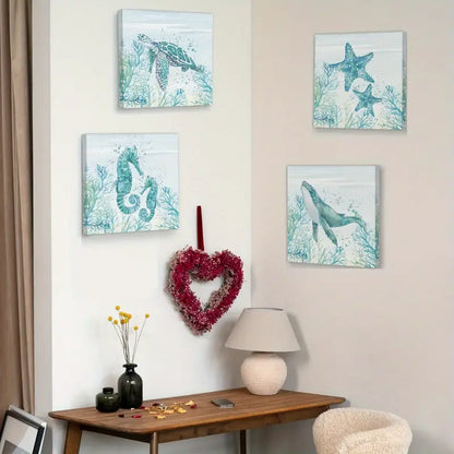 4pcs Marine Life Themed Turtle,Dolphin,Seahors Wall Art Canvas Framed