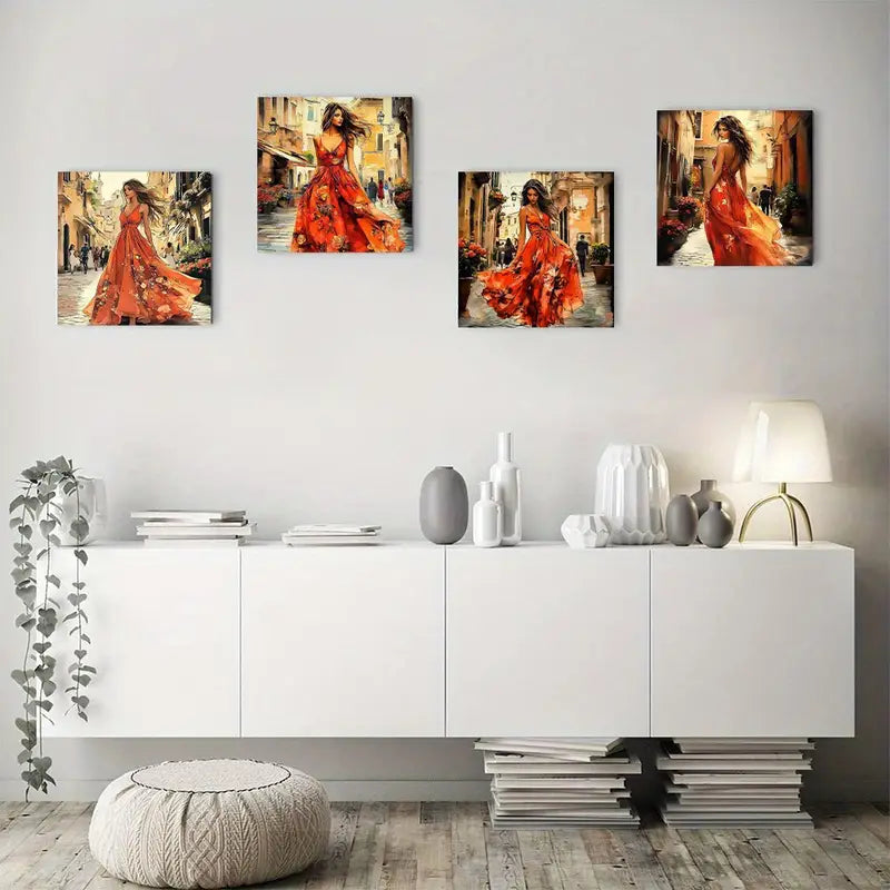 4pcs Beautiful Woman In Red Dress Wall Art Canvas Framed