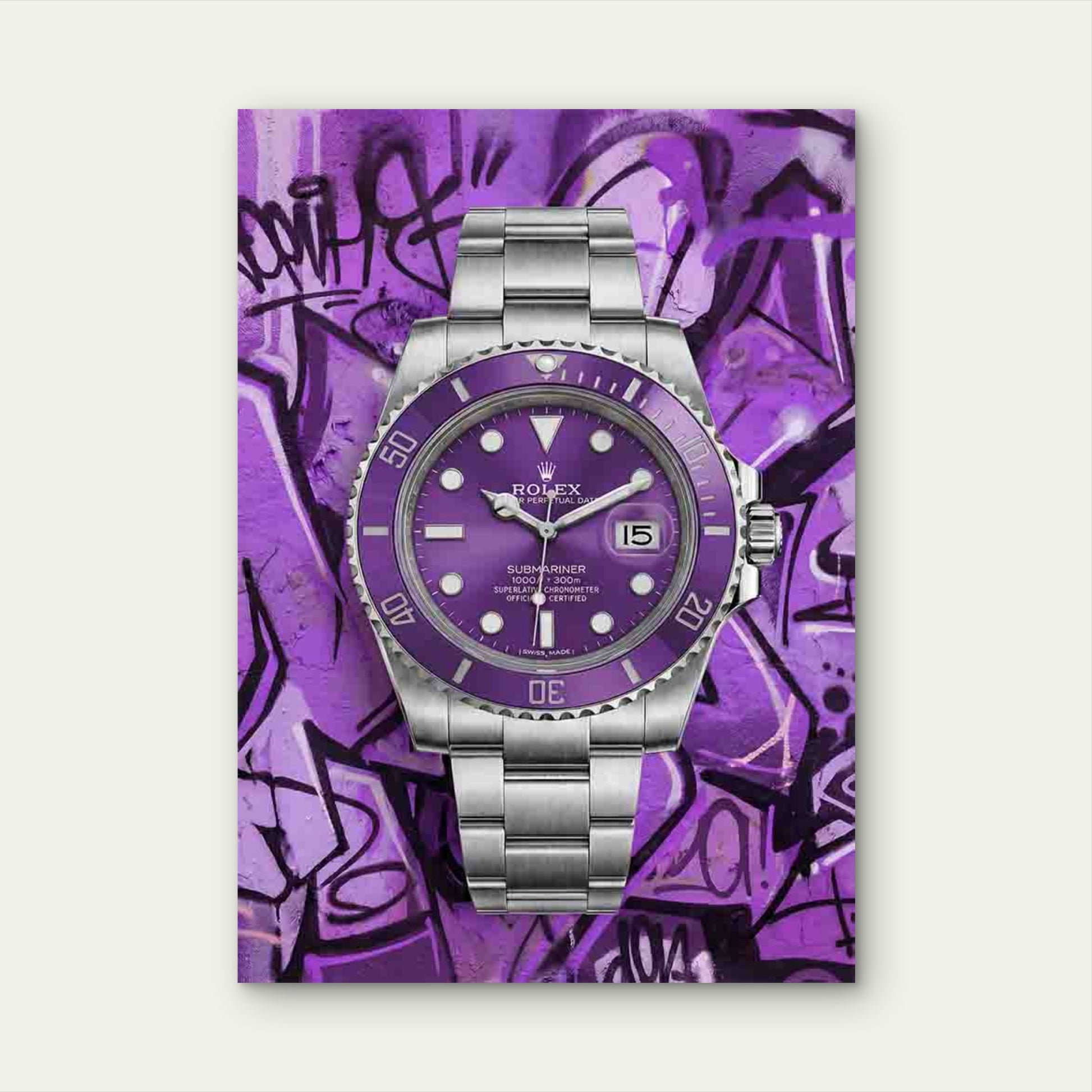 Purple Luxury Watch Graffiti 40x60cm Metal Print Ready to Hang - Bella Home Decor
