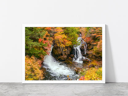 Ryuzu Waterfalls In Nikko City Glass Framed Wall Art, Ready to Hang Quality Print Without White Border White