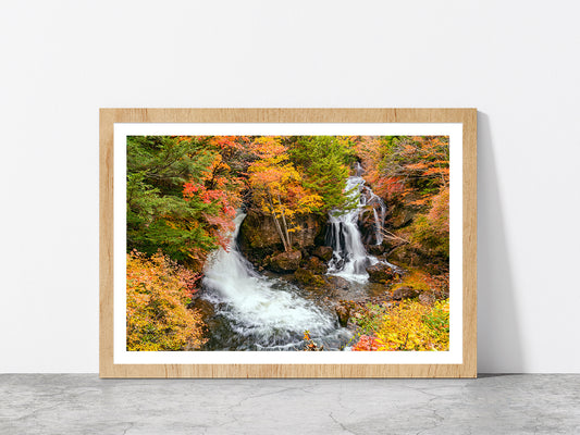 Ryuzu Waterfalls In Nikko City Glass Framed Wall Art, Ready to Hang Quality Print With White Border Oak
