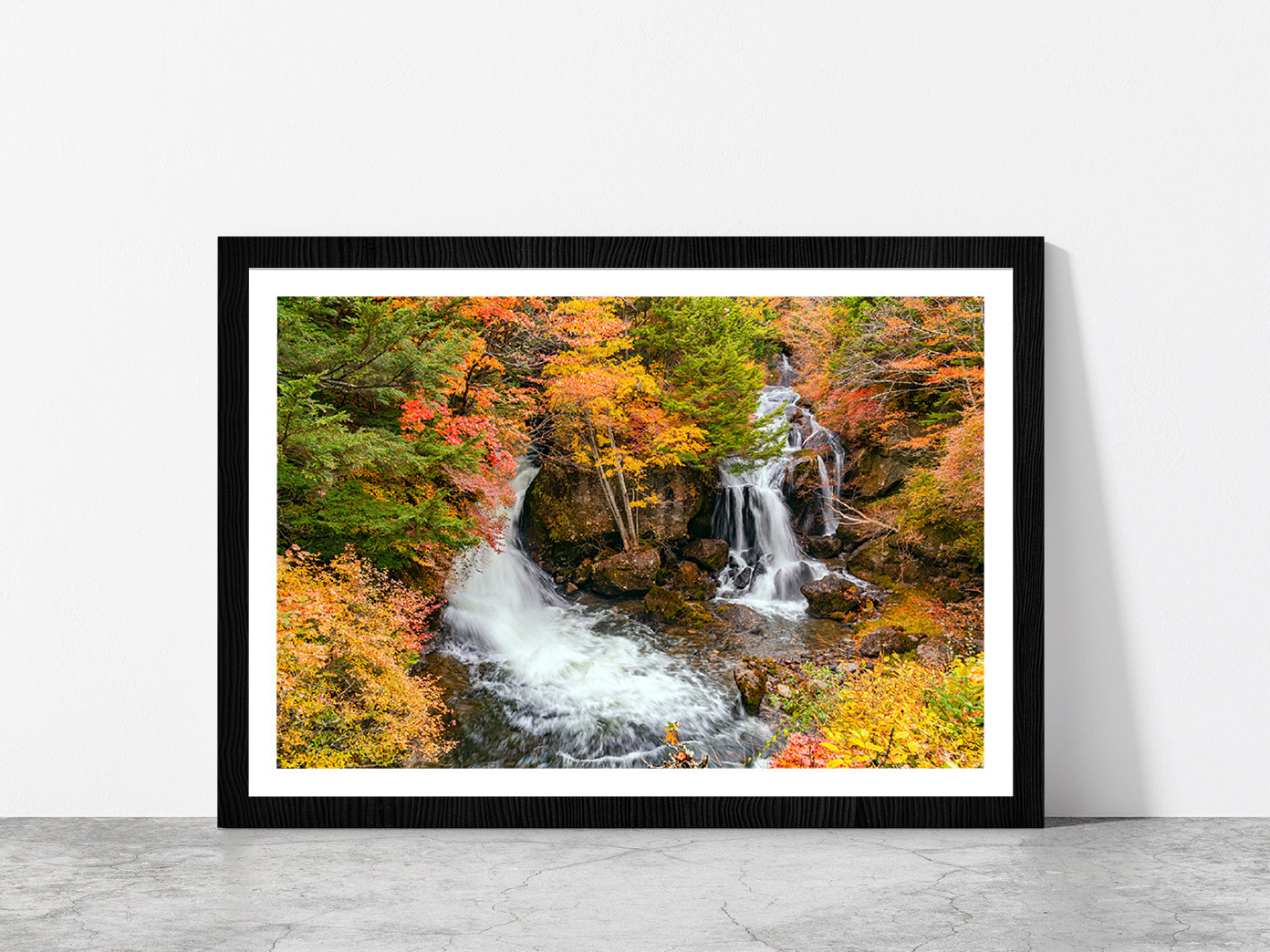 Ryuzu Waterfalls In Nikko City Glass Framed Wall Art, Ready to Hang Quality Print With White Border Black