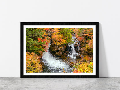 Ryuzu Waterfalls In Nikko City Glass Framed Wall Art, Ready to Hang Quality Print With White Border Black