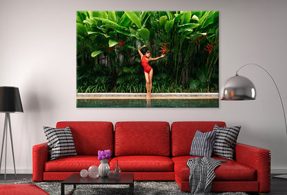 Woman in Red Swimsuit by Pool Wall Art Decor 100% Australian Made