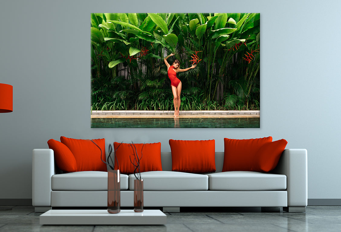 Woman in Red Swimsuit by Pool Wall Art Decor 100% Australian Made