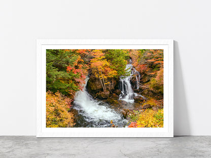 Ryuzu Waterfalls In Nikko City Glass Framed Wall Art, Ready to Hang Quality Print With White Border White