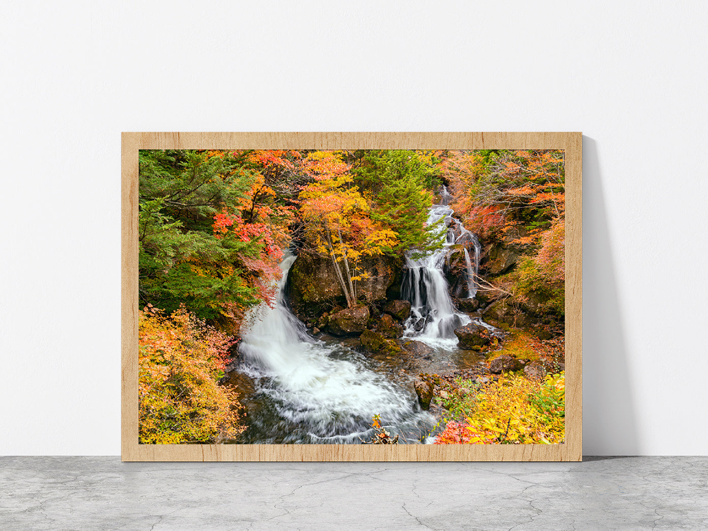 Ryuzu Waterfalls In Nikko City Glass Framed Wall Art, Ready to Hang Quality Print Without White Border Oak