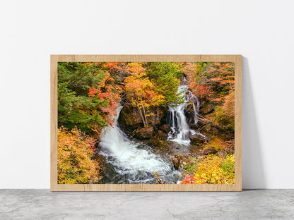 Ryuzu Waterfalls In Nikko City Glass Framed Wall Art, Ready to Hang Quality Print Without White Border Oak
