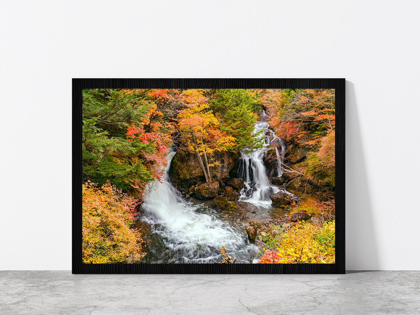 Ryuzu Waterfalls In Nikko City Glass Framed Wall Art, Ready to Hang Quality Print Without White Border Black