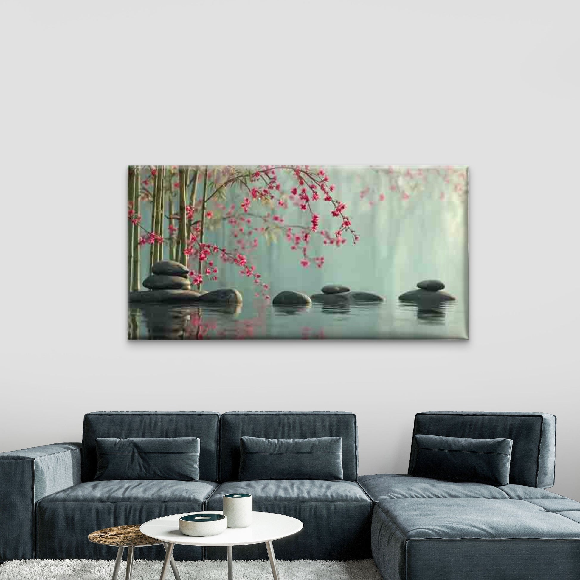 Pebbles & Cherry Blossoms Wall Art Canvas Office Home Room Framed 120x60cm - Bella Home Decor
