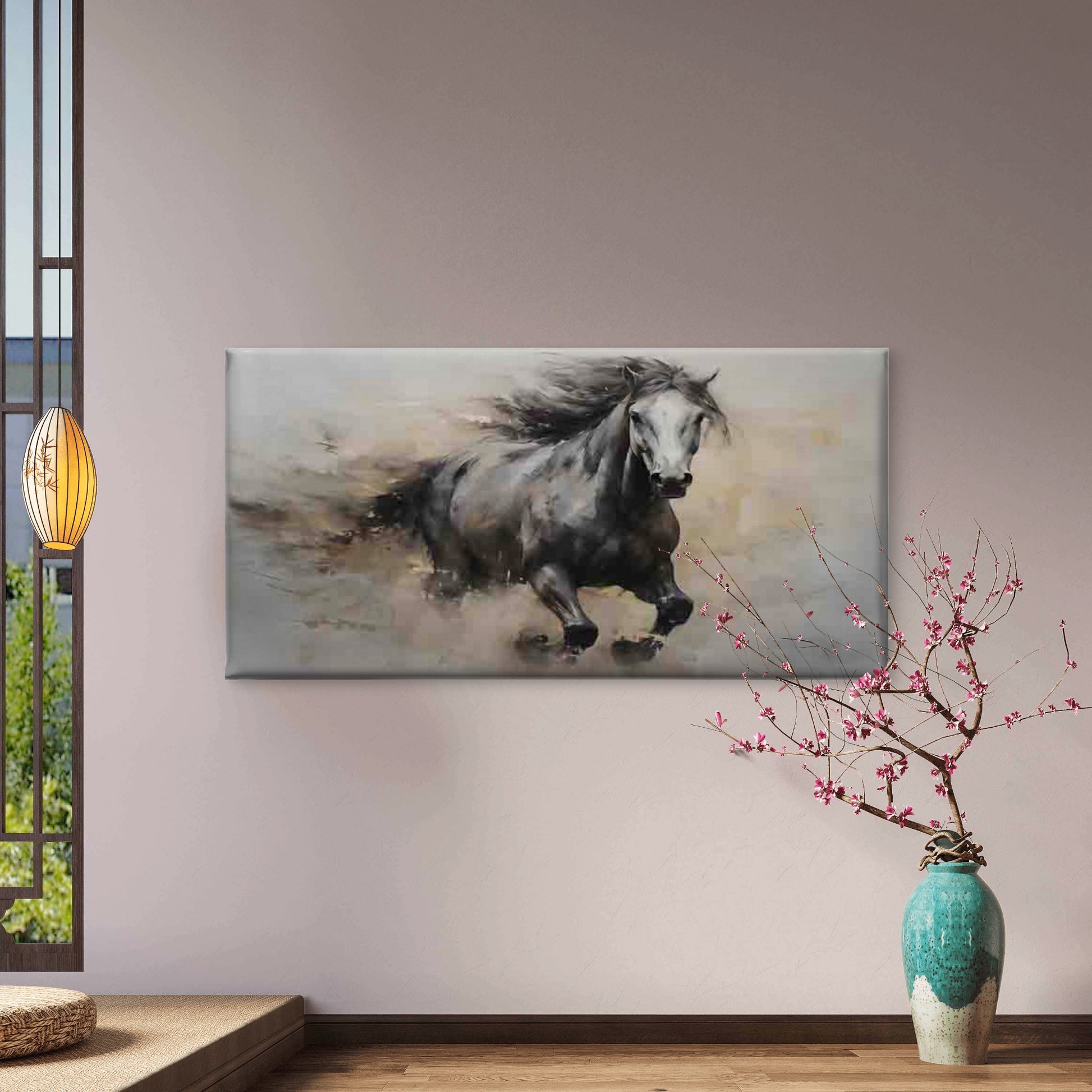 Running Black Horse Wall Art Canvas Office Home Room Framed 120x60cm - Bella Home Decor