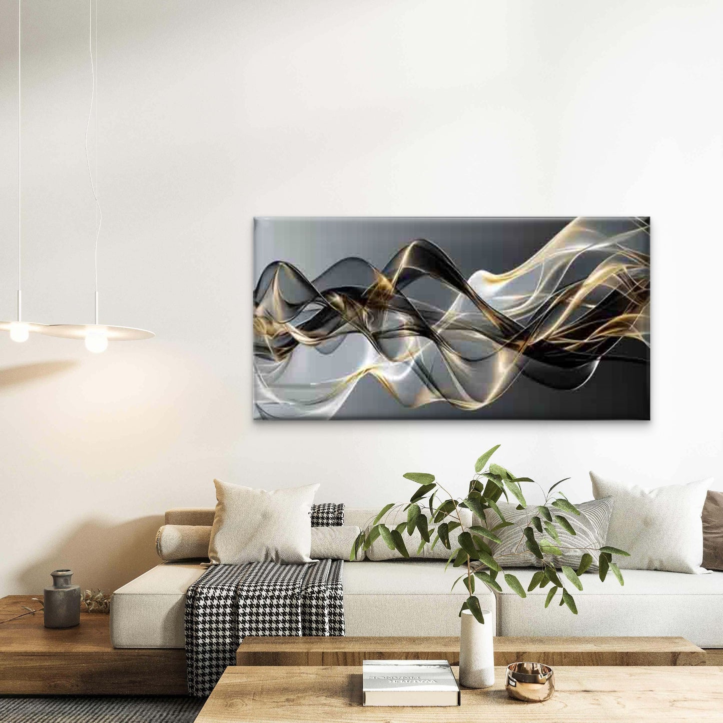 Golden Waves Flowing in Harmony Wall Art Canvas Office Home Room Framed 120x60cm - Bella Home Decor