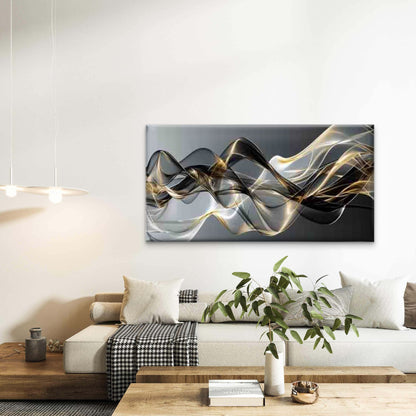 Golden Waves Flowing in Harmony Wall Art Canvas Office Home Room Framed 120x60cm - Bella Home Decor