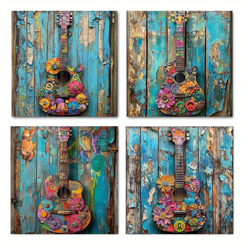 4pcs Decor Guita Elegant Wall Art Canvas Framed