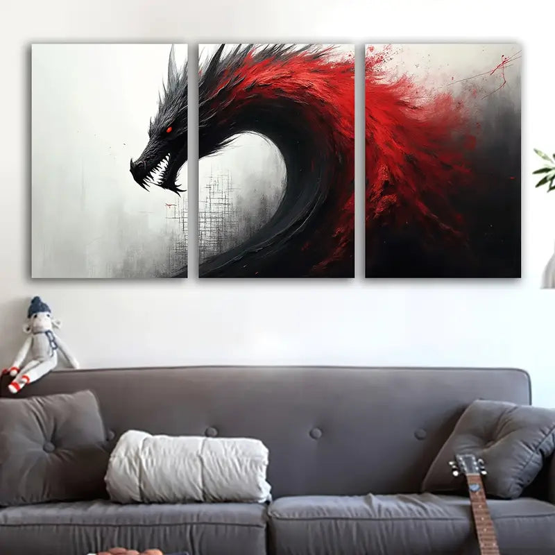 3pcs Black and Red Dragon Abstract Wall Art Set Canvas Framed 60x90cm - High Quality Print 100% Australian Made Wall Canvas Ready to Hang - Bella Home Decor