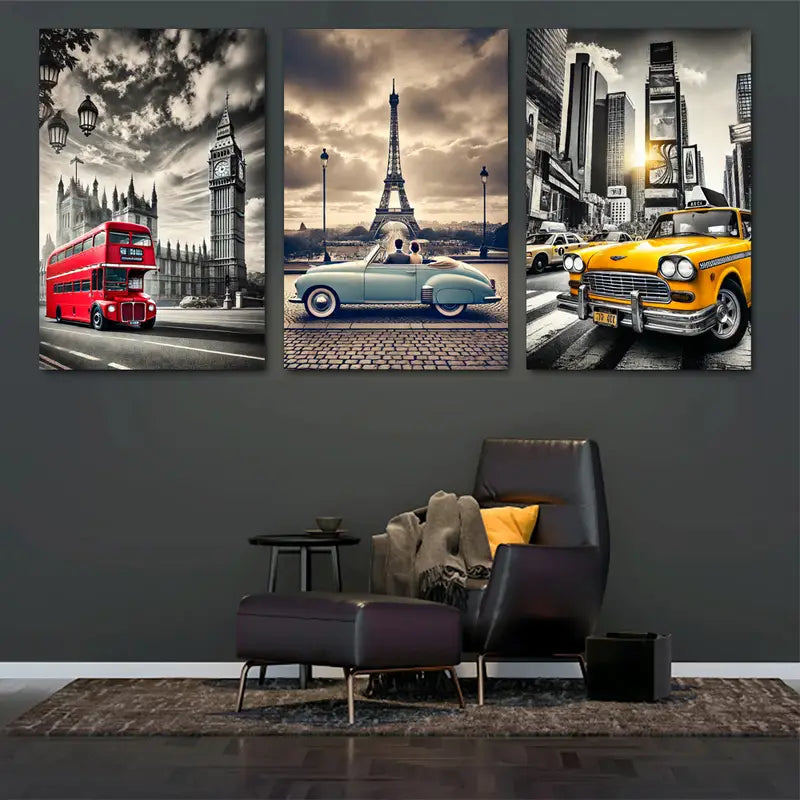 3pcs Classic Cars And Iconic Landmarks Metal Print Ready to Hang Art - Bella Home Decor