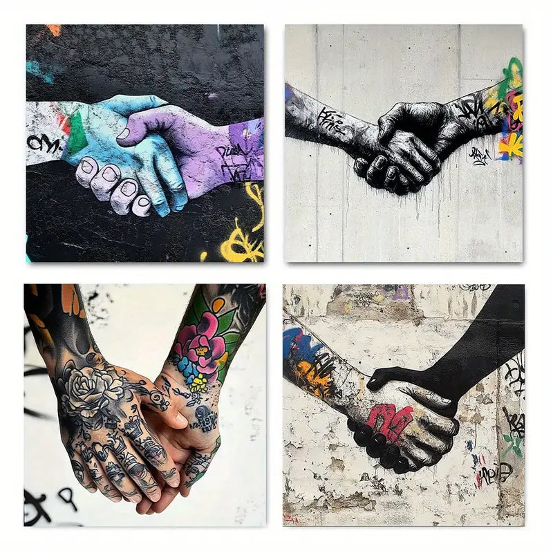 4pcs Street Graffiti Handshakes Wall Art Canvas Framed