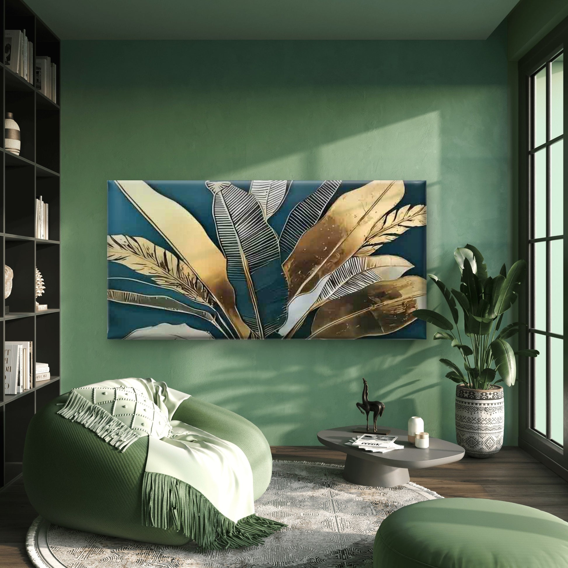 Golden Tropical Monstera & Palm Wall Art Canvas Office Home Room Framed 120x60cm - Bella Home Decor