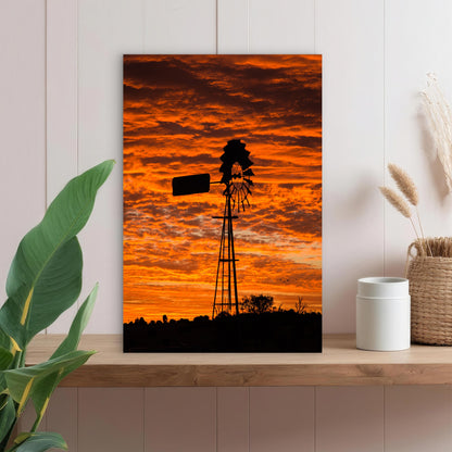 Fiery Orange Sky Ranch Station Paddock Windmill 40x60cm Metal Print Ready to Han