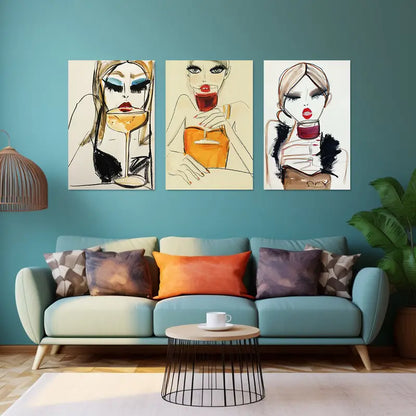 3pcs Women's Drink Art Canvas Metal Print Ready to Hang Art