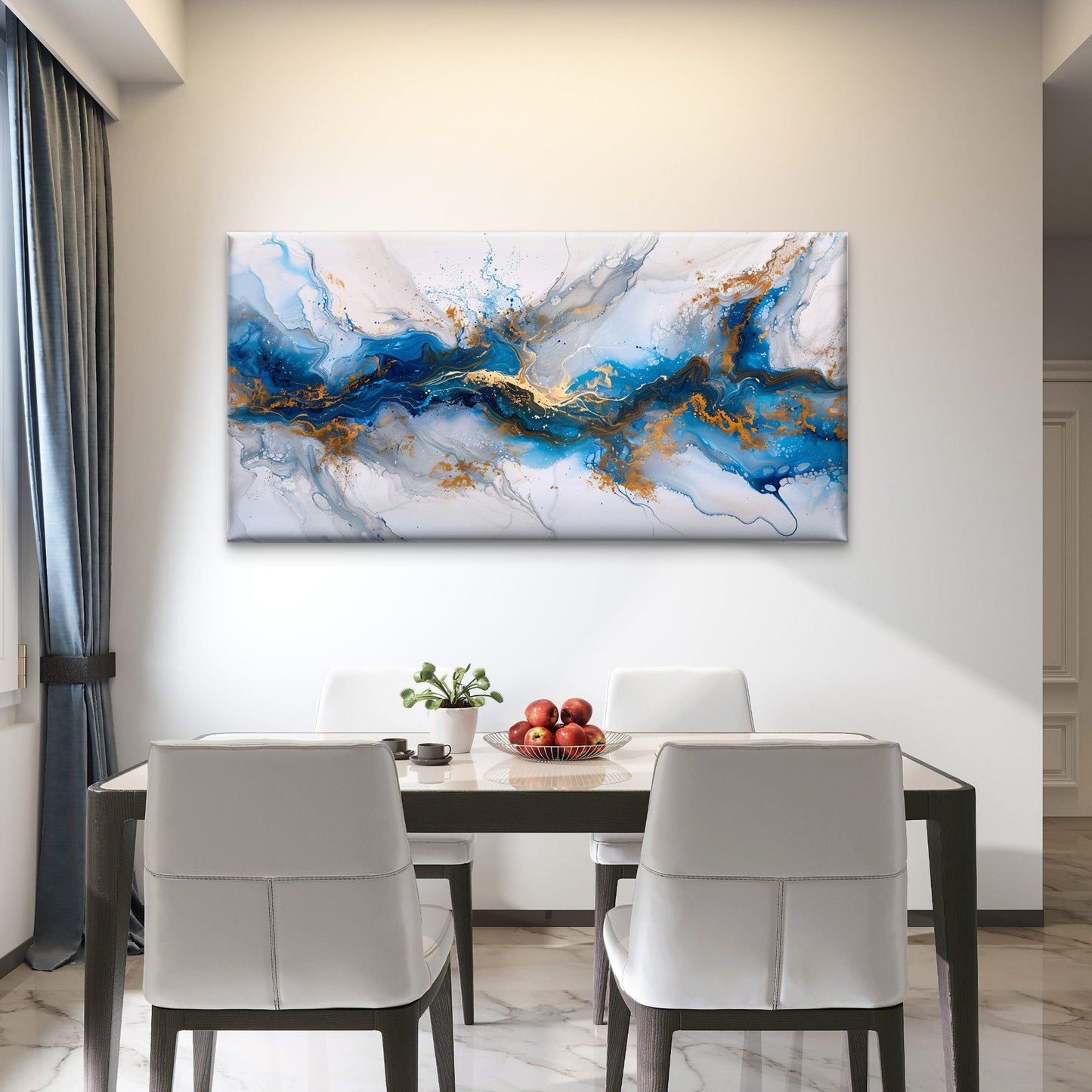 Blue Gold Liquid Marble Flow Wall Art Canvas Office Home Room Framed 120x60cm
