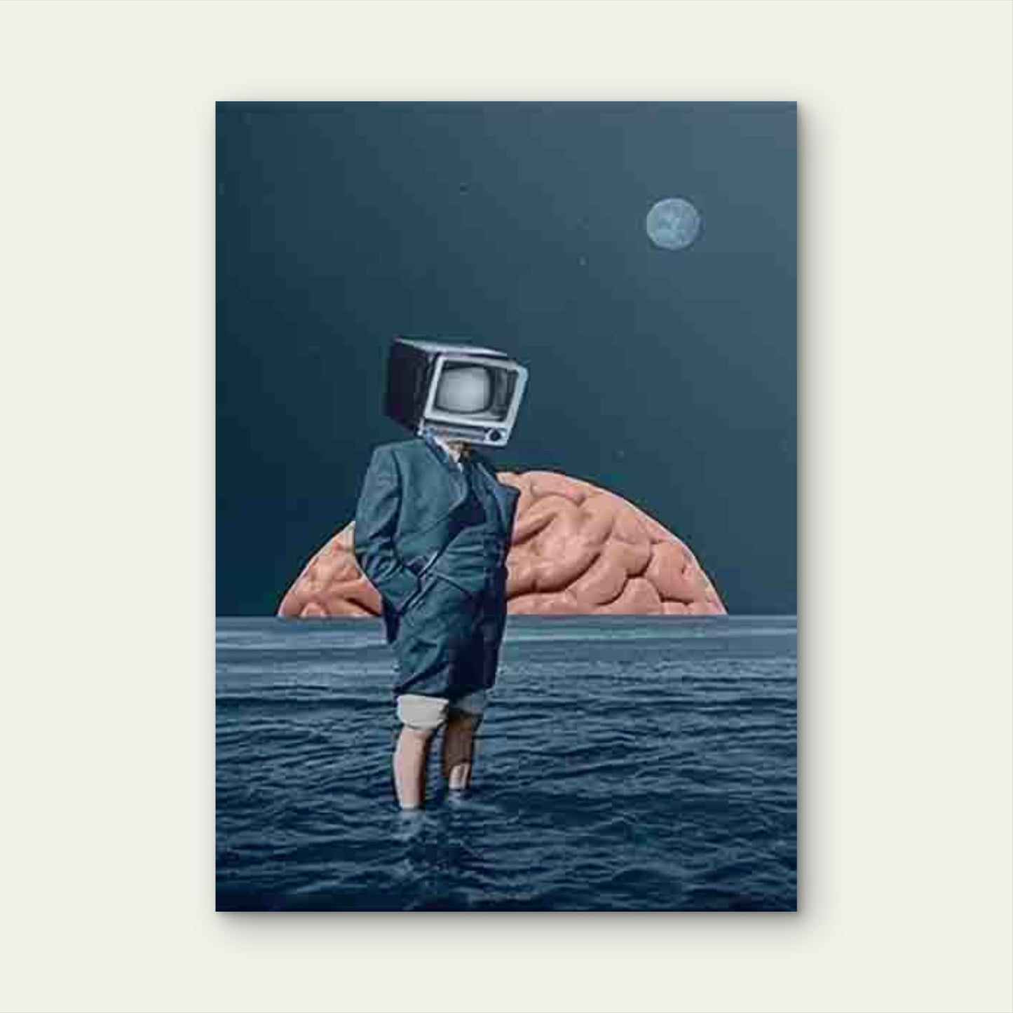 Man with TV Head & Ocean Brain in Moonlit Sky 60x90cm Metal Print Ready to Hang - Bella Home Decor