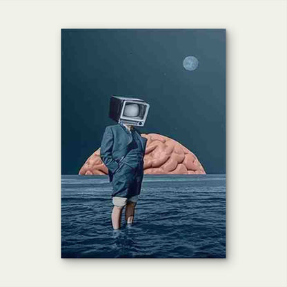Man with TV Head & Ocean Brain in Moonlit Sky Metal Print Ready to Hang - Bella Home Decor