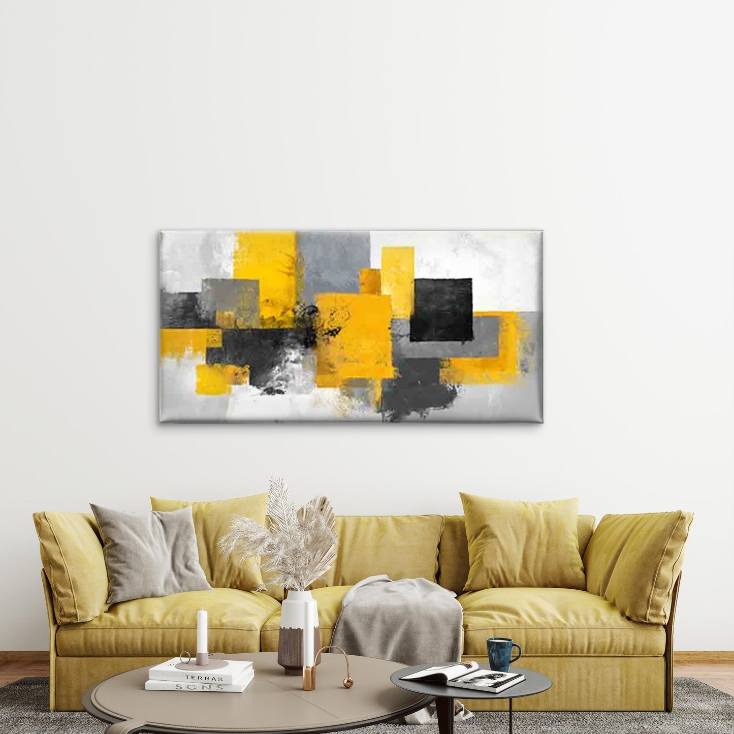 Urban Geometry Art in Yellow Wall Art Canvas Office Home Room Framed 120x60cm - Bella Home Decor
