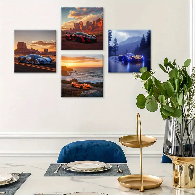 4pcs Exotic Sports Artwork, Sunset  Wall Art Canvas Framed