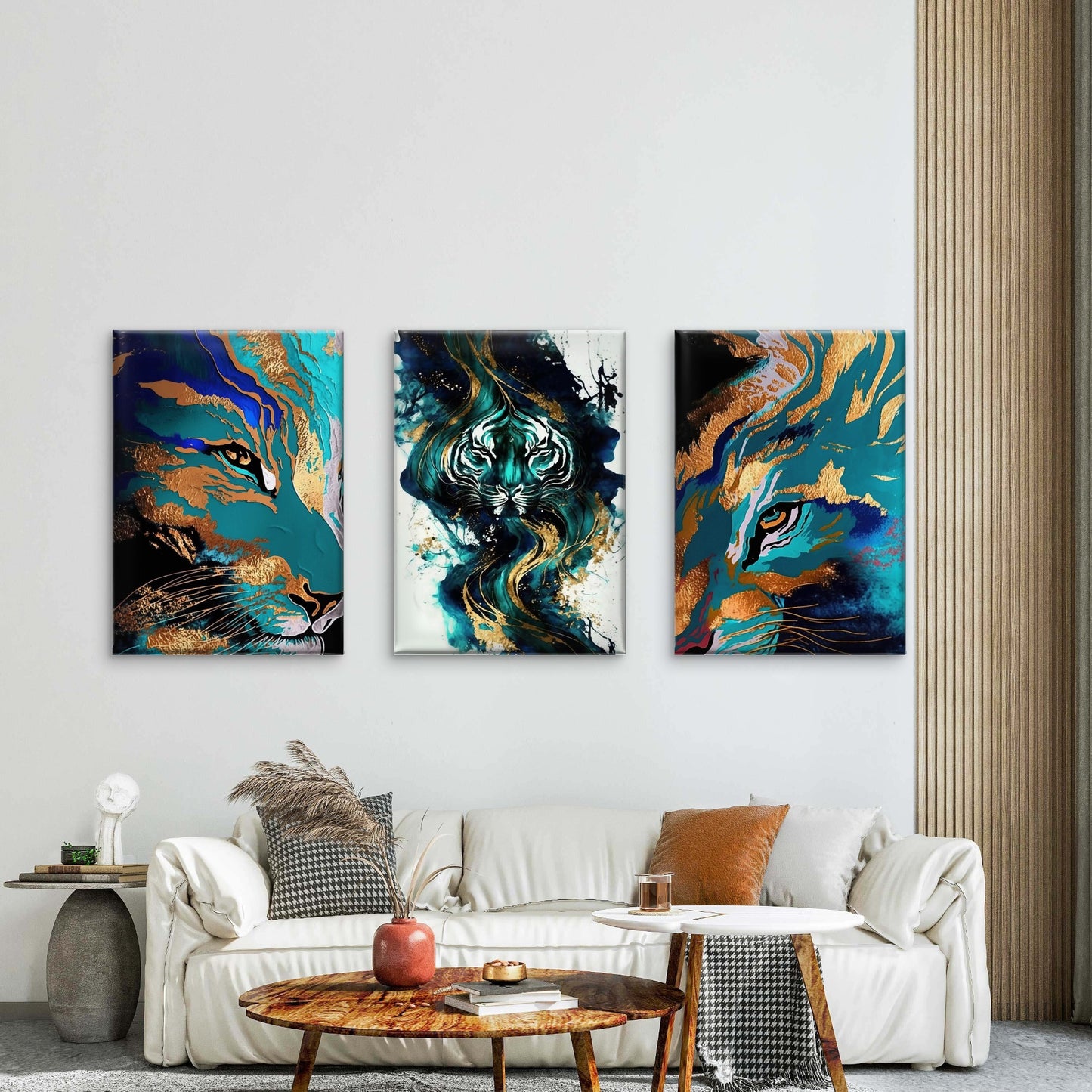 3pcs Abstract Tiger Marble Art Teal Gold  Wall Art Set Canvas Framed 40x60cm - High Quality Print 100% Australian Made Wall Canvas Ready to Hang