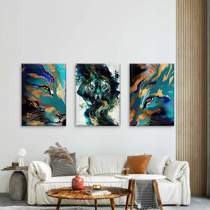 3pcs Abstract Tiger Marble Art Teal Gold    Wall Art Set Canvas Framed 60x90cm - High Quality Print 100% Australian Made Wall Canvas Ready to Hang