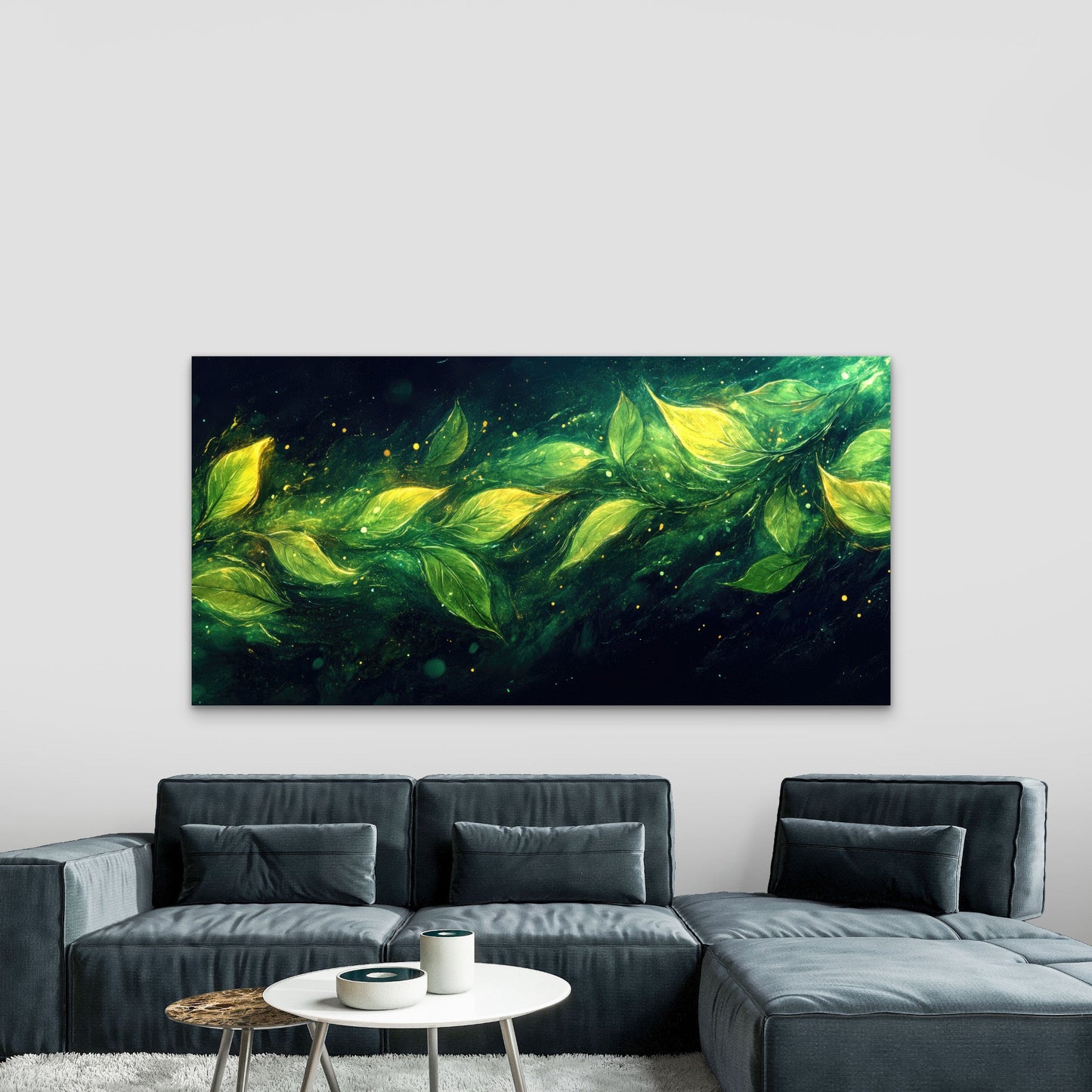 Vibrant Green Leaves Sparkle Wall Art Canvas Office Home Room Framed 120x60cm