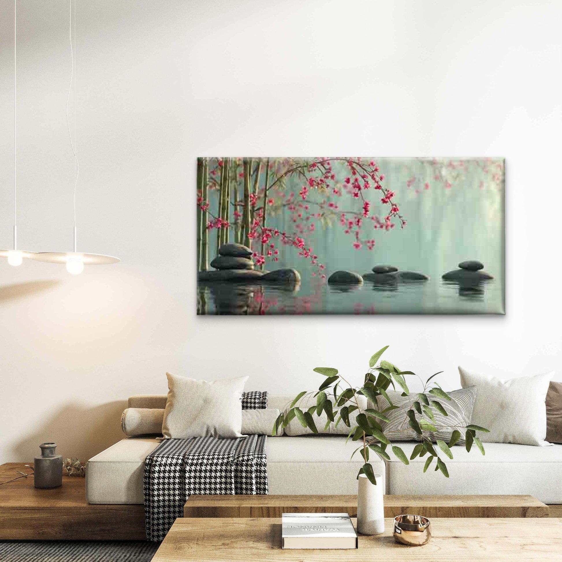 Pebbles & Cherry Blossoms Wall Art Canvas Office Home Room Framed 120x60cm - Bella Home Decor