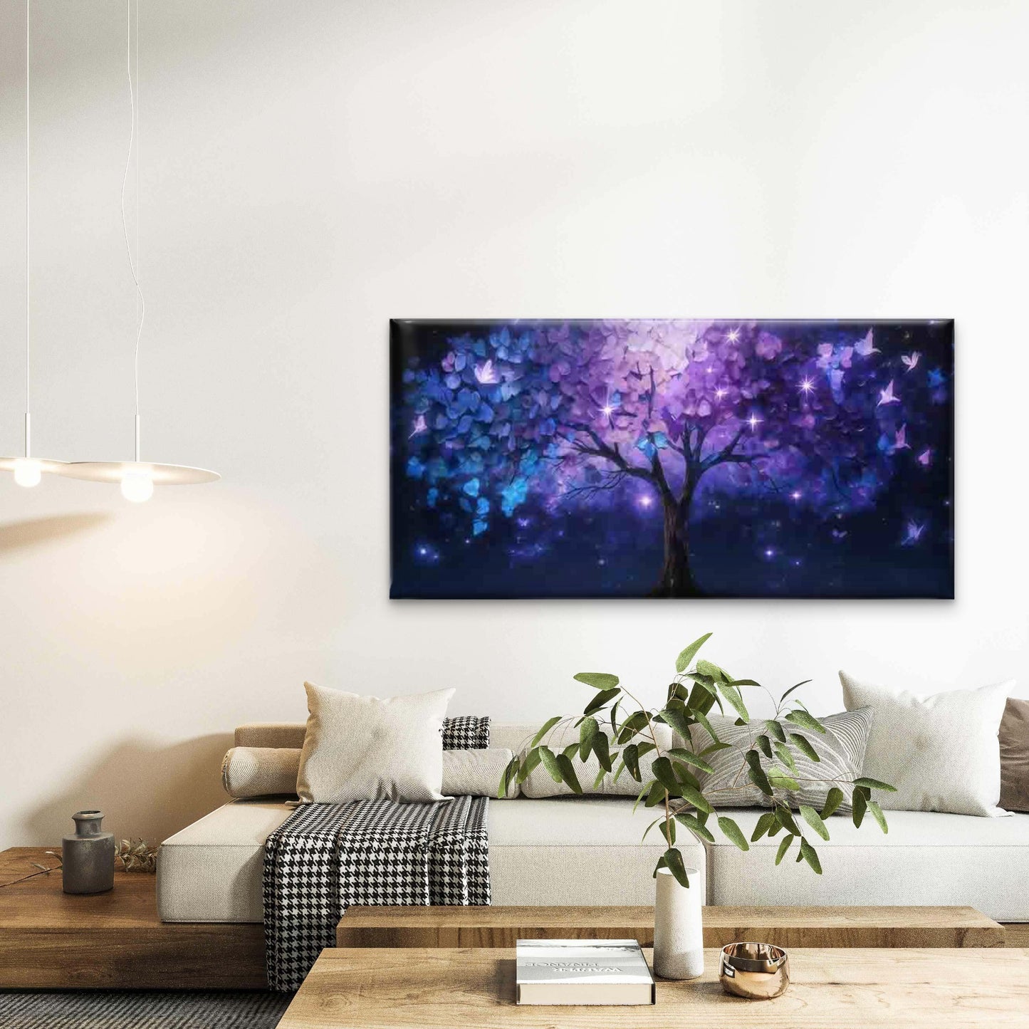 Purple Tree And Butterfly Night Wall Art Canvas Office Home Room Framed 120x60cm - Bella Home Decor