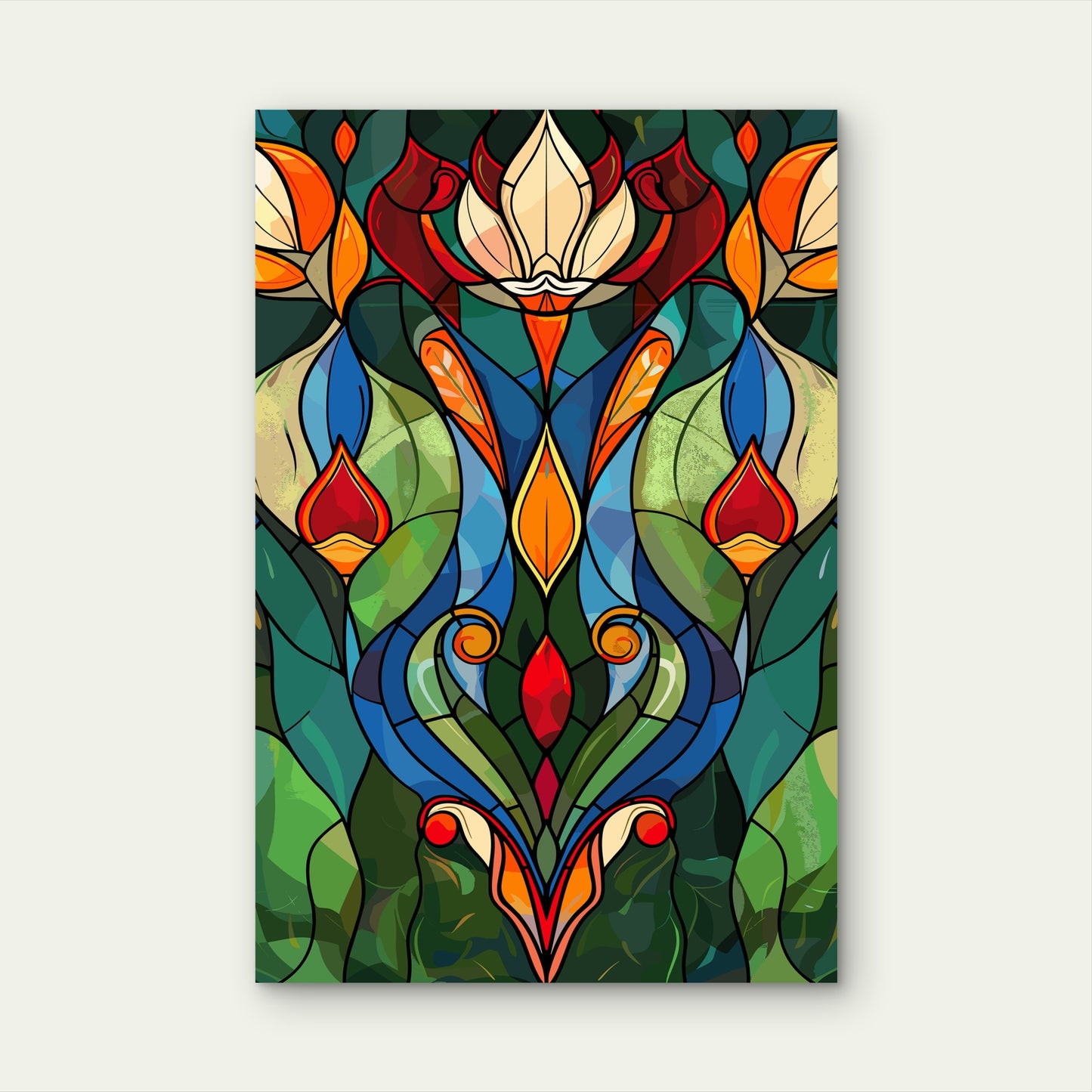 Vintage Green Red Floral Symmetric Mosaic 40x60cm Metal Print Ready to Hang
